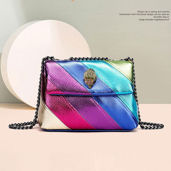 Cross-border European And American Fashion New Women&#039;s Bag Rainbow Contrasting Color Splicing Bag Eagle Bird Head Chain Shoulder Crossbody Bag Women&#039;s Bag