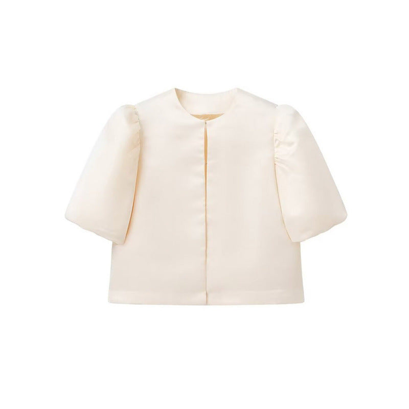 Solid Color Puff Sleeve Satin Short Coat