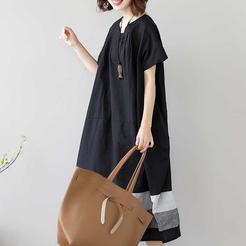 Cotton And Linen Short Sleeve Loose Long Dress