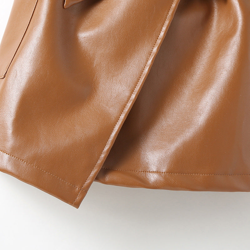 Casual Leather Brown Pleated Skirt
