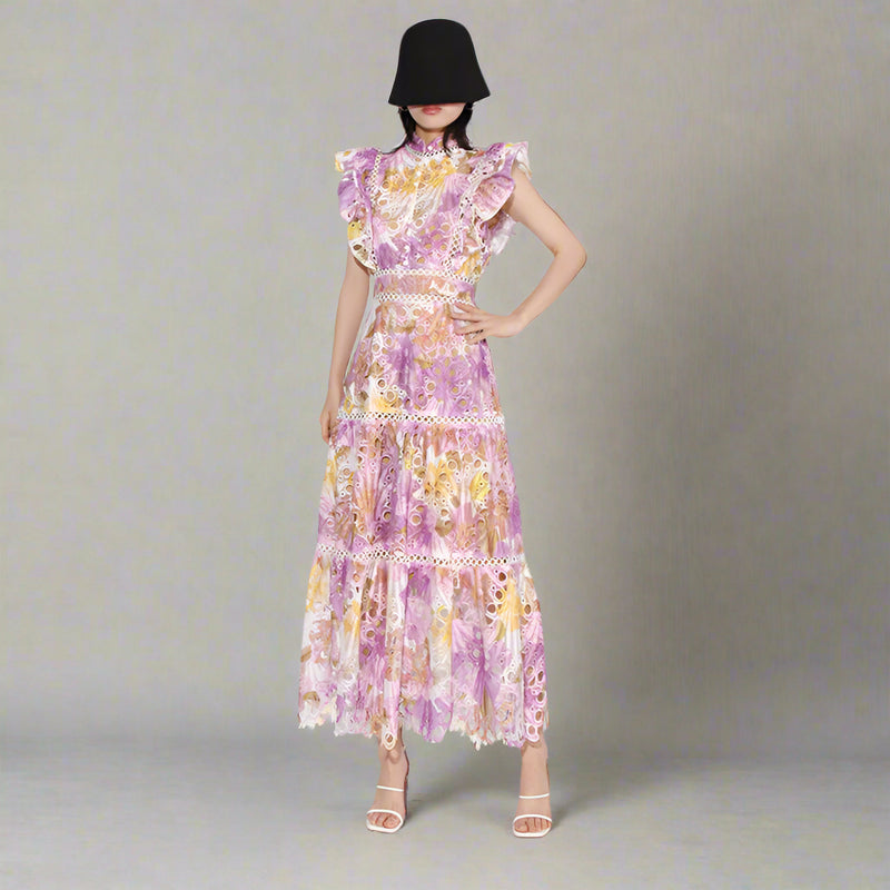 Elegant French Long Lace Sleeveless Hollow Embroidered Gouhua Dress