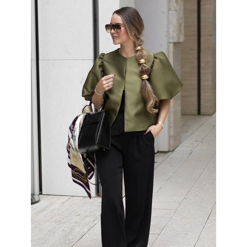 Solid Color Puff Sleeve Satin Short Coat