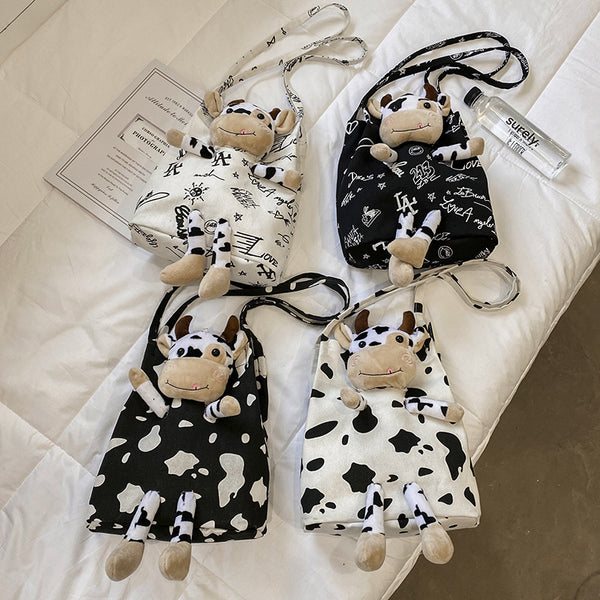 Cute Funny Personality Cow Doll Soft Girl Shoulder Bag Student Cute Canvas Small Bag