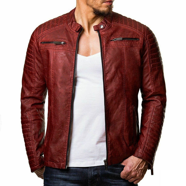 Leather Stand Collar Zipper Cardigan Leather Jacket