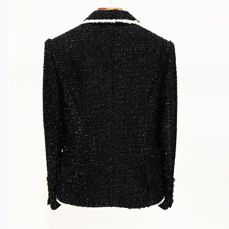 In Stock 2023 European And American Stars New Black Shirred White Woolen Double-breasted Metal Buckle Slim Suit Jacket