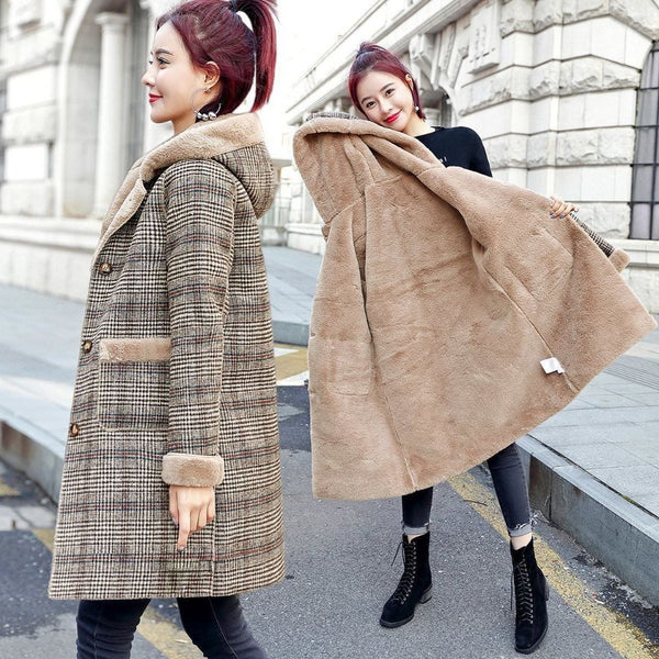 Thickened Warm Mid-length Hooded Woolen Coat