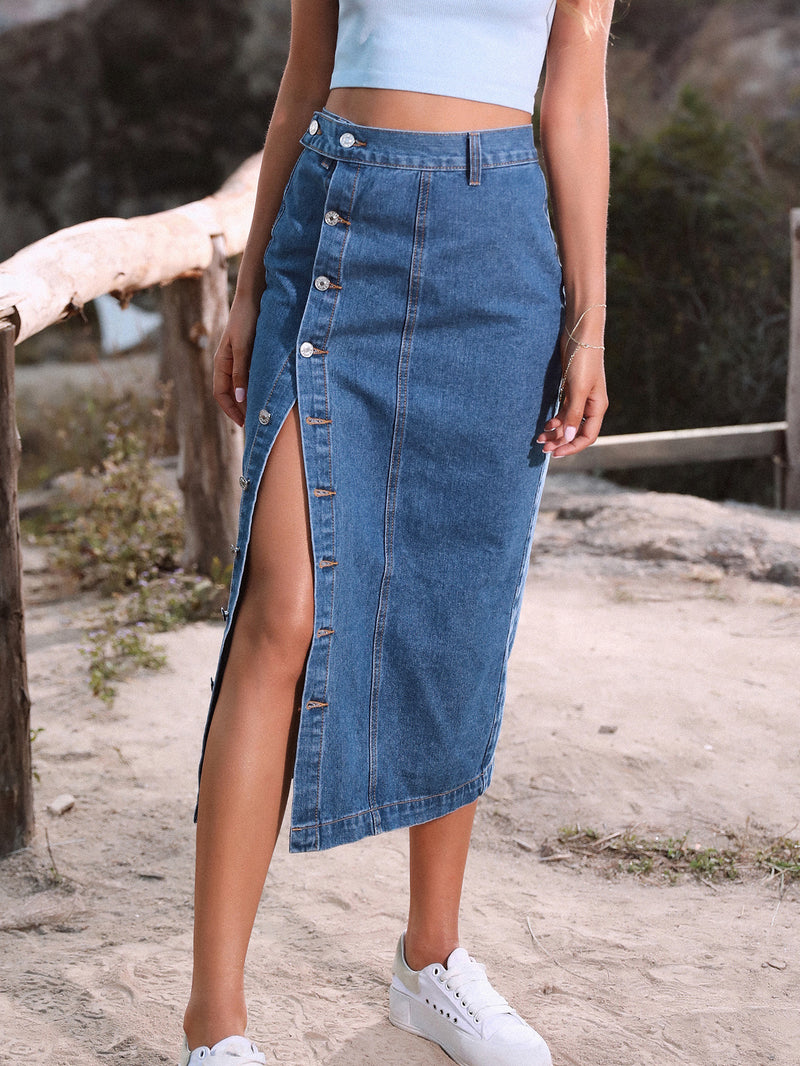 Buttons Irregular Slit Denim High-waisted Skirt