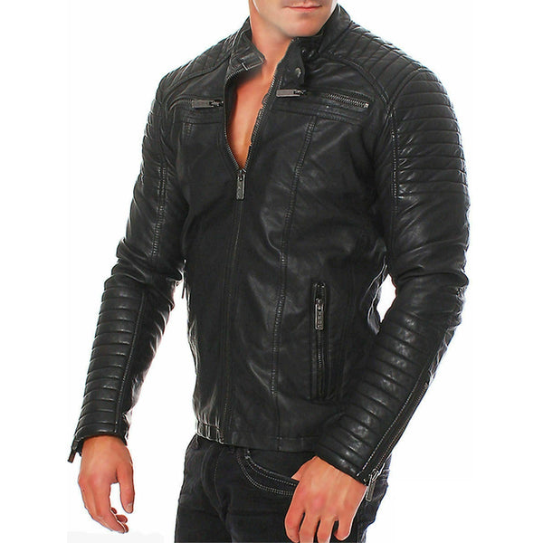 Leather Stand Collar Zipper Cardigan Leather Jacket
