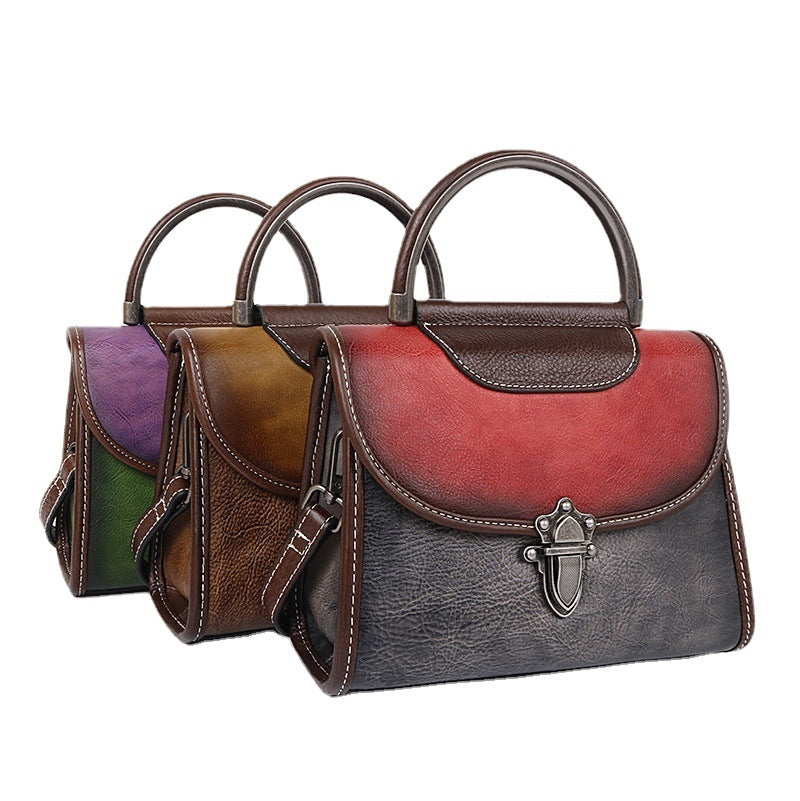 2023 New First Layer Cowhide Mini Bag Artificial Color Retro Style Chinese Style Shoulder Crossbody Bag For Women