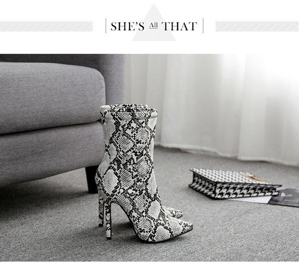 Snake Stiletto Pointed Toe Short Boots