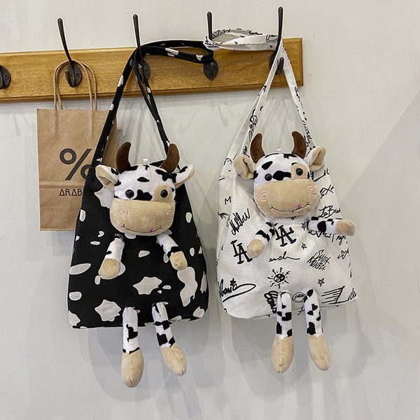 Cute Funny Personality Cow Doll Soft Girl Shoulder Bag Student Cute Canvas Small Bag