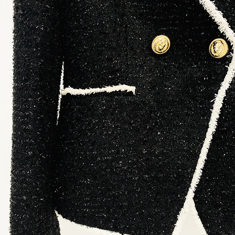 In Stock 2023 European And American Stars New Black Shirred White Woolen Double-breasted Metal Buckle Slim Suit Jacket
