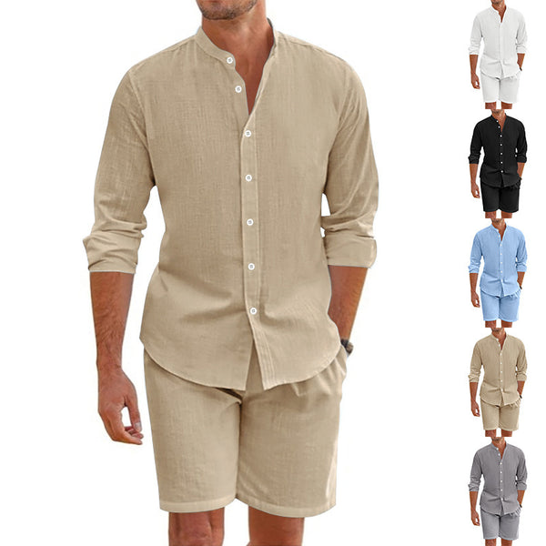 Lapel Button Down Short Sleeve Top And Drawstring Shorts