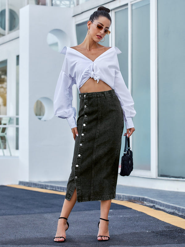 Buttons Irregular Slit Denim High-waisted Skirt