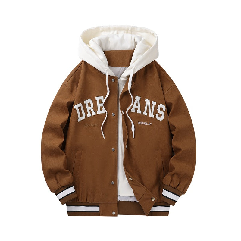 Baseball New High-end Fake Two-piece Hooded Couple Jacket Men