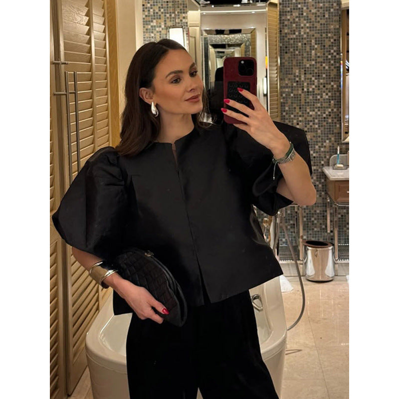 Solid Color Puff Sleeve Satin Short Coat