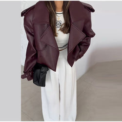 Solid Color Leather Coat Short Loose Design Women's