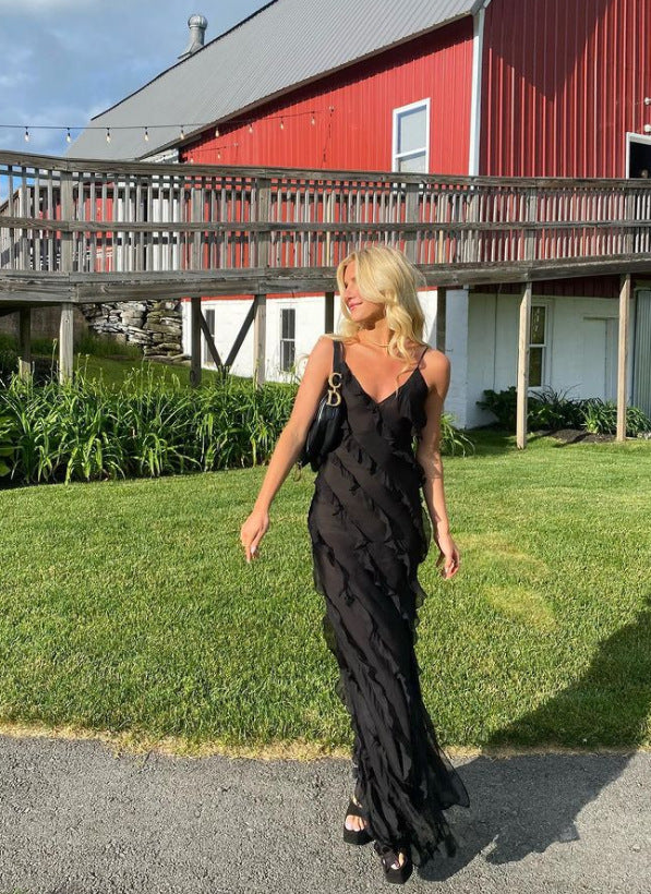 Dropped Shoulders Wave Slim Side Long Dress