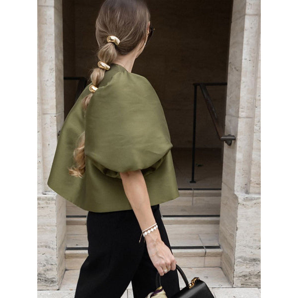 Solid Color Puff Sleeve Satin Short Coat