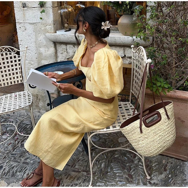 Vintage Puff Sleeve High Waist Dress