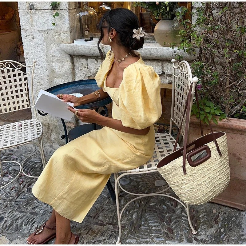 Vintage Puff Sleeve High Waist Dress