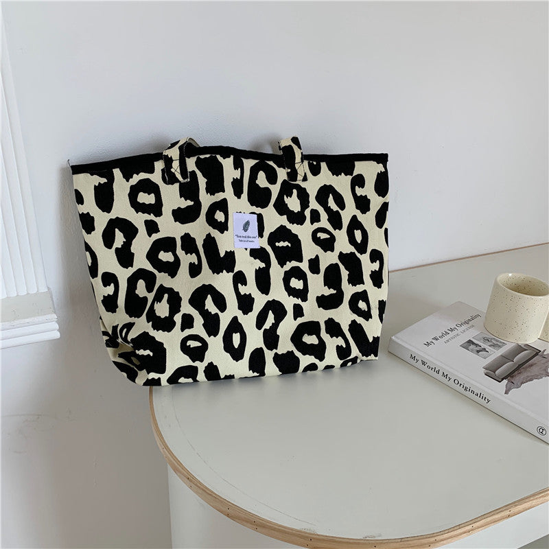 Bolsa Tote com Estampa de Leopardo Rice Bolsa de Ombro de Lona com Estampa de Animal de Grande Capacidade Portátil Bolsa de Compras para Estudantes