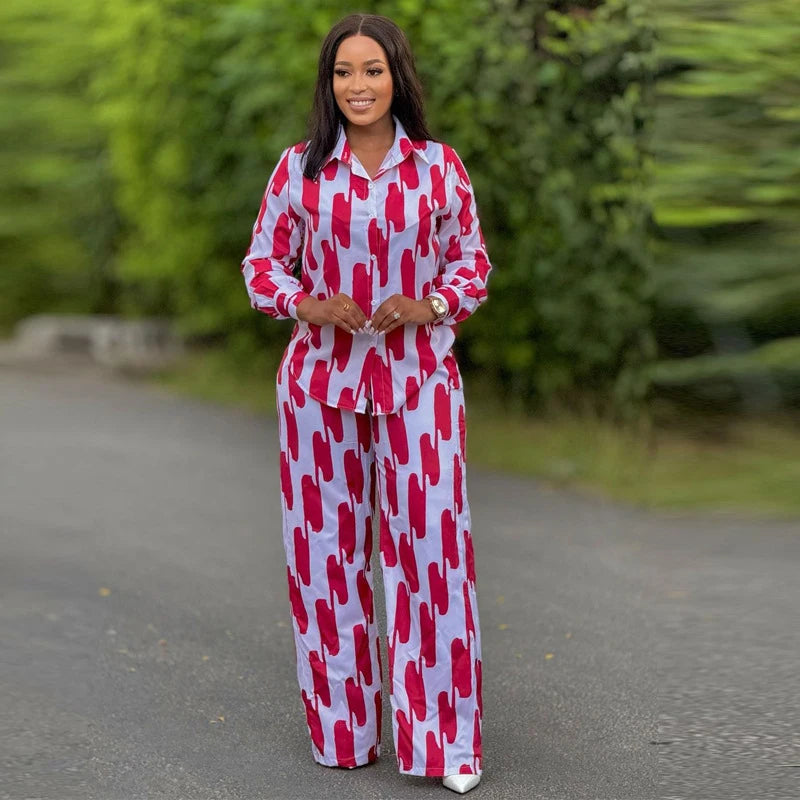 Stripe Long Sleeved Shirt Wide Leg Pants Two Piece