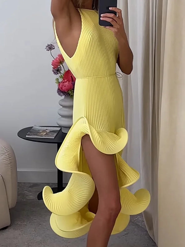 Round Neck Solid Irregular Sleeveless Elegant Dress