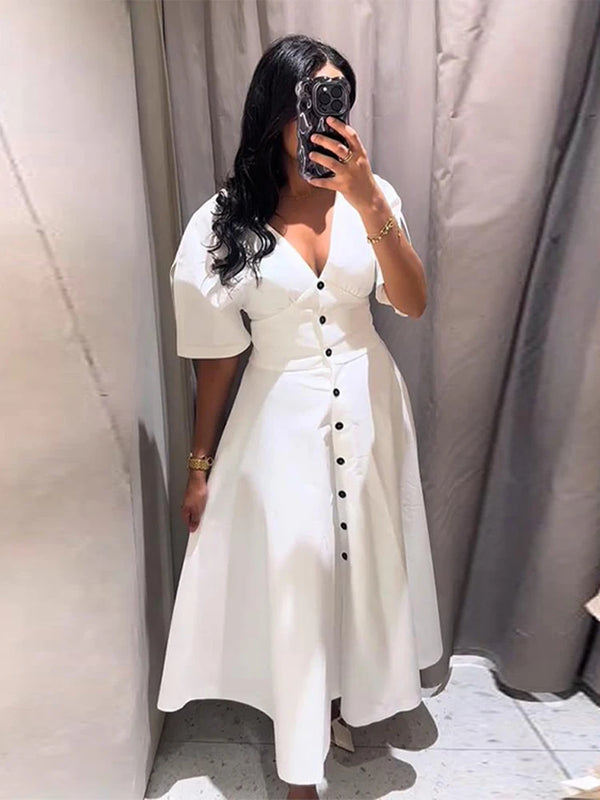 Elegant Breasted Long V-Neck Short Sleeve A-line Dress