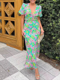 Elegant Backless Hollow Lace-Up Long V-neck Hight Waist Bohemian Dress