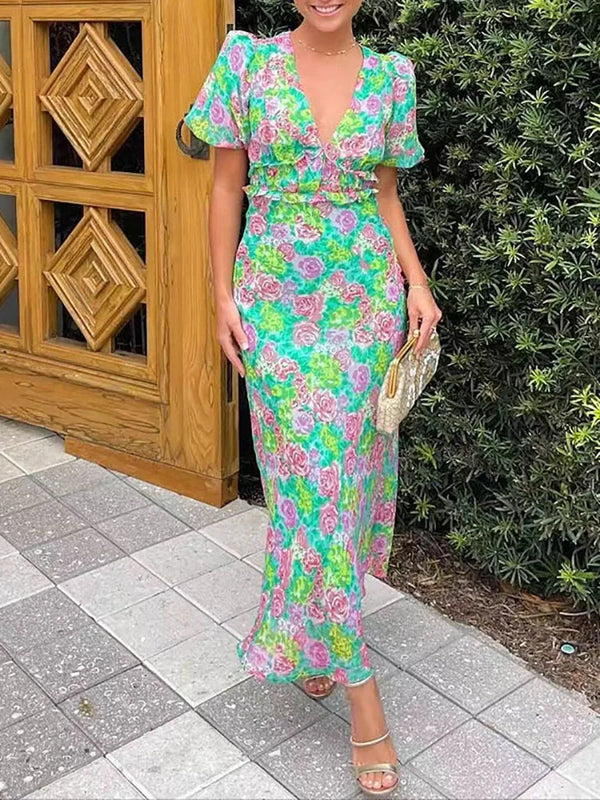 Elegant Backless Hollow Lace-Up Long V-neck Hight Waist Bohemian Dress