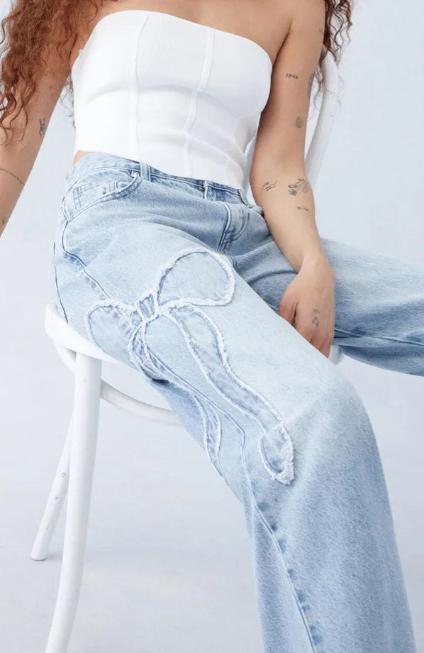 Streetwear Bow Embroidered Baggy Jeans