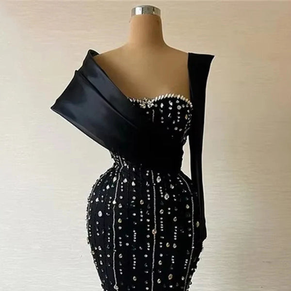Black One - Shoulder Evening Dresses with Rhinestone Encrusted Bodycon Dress