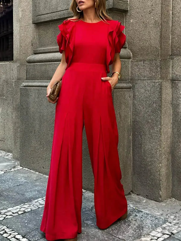 Elegant Red Romper Short Sleeves Wide Leg