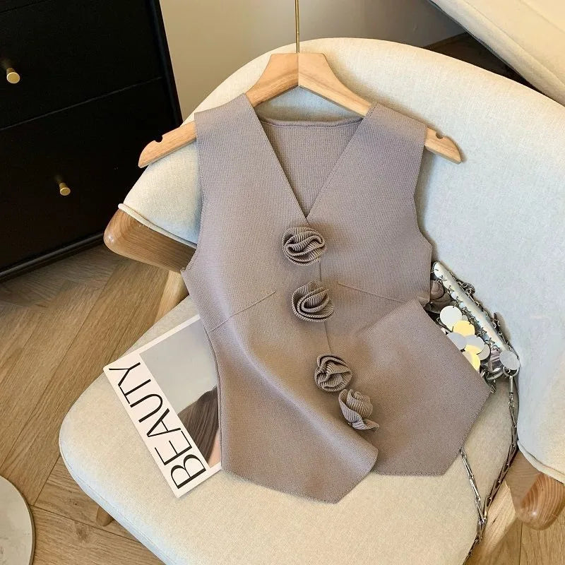 French Style V-neck Sleeveless Knitted Aesthetic Tank