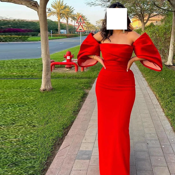 Satin Off the Shoulder Modern Strapless Straight Short Sleeves Dress