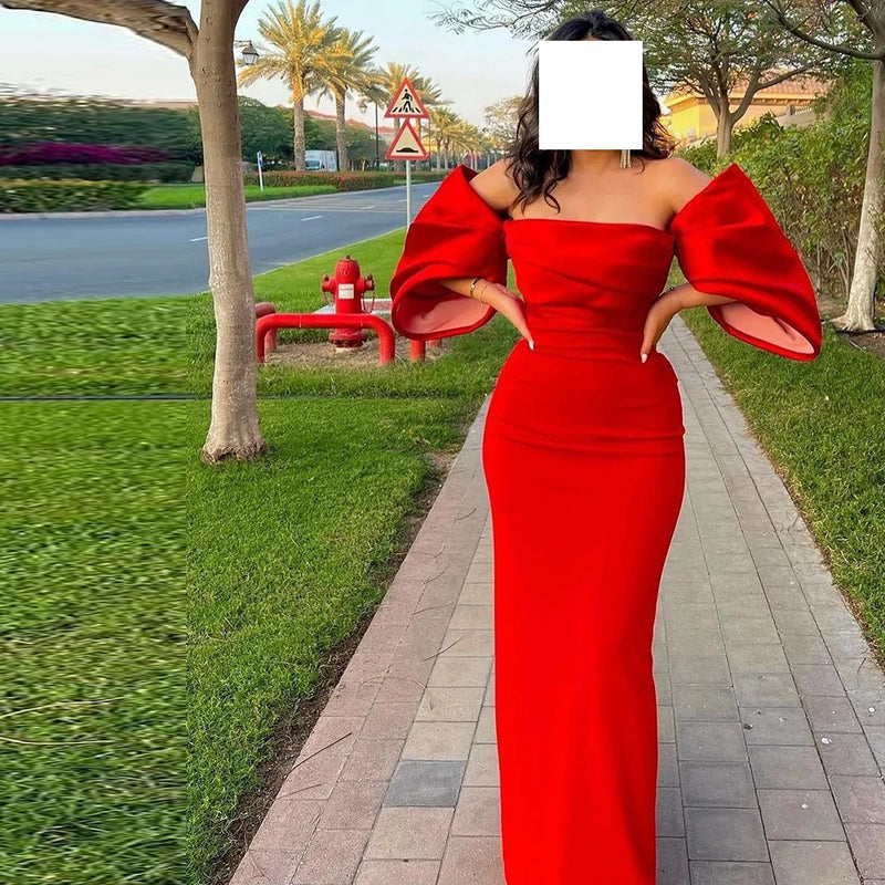 Satin Off the Shoulder Modern Strapless Straight Short Sleeves Dress