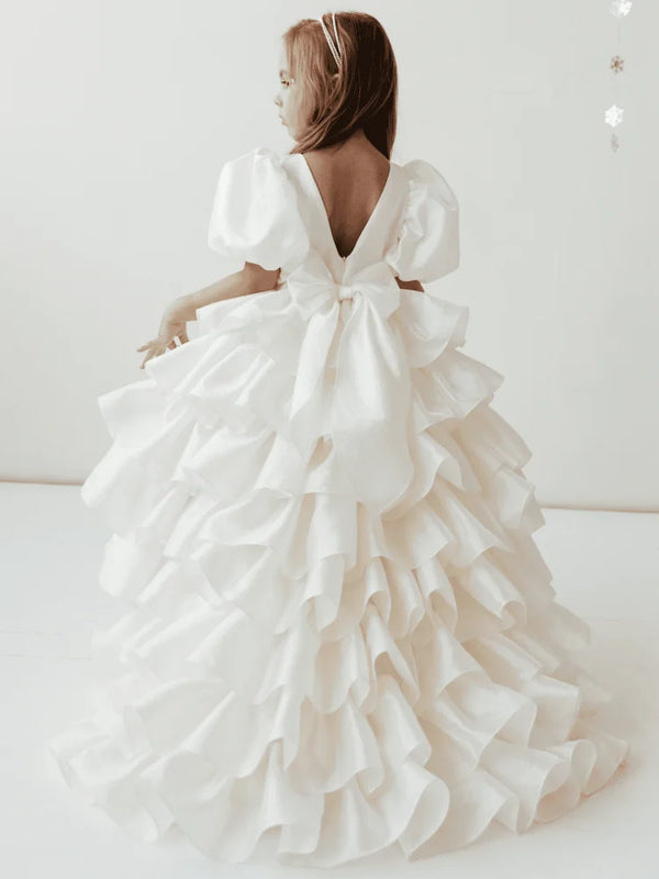 Flower Beige Tiered With Bow And Tailing Short Sleeve Dress