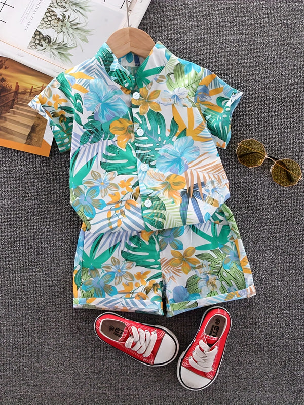 Summer Leaf Flower Standing Neck Shirt Short Sleeve