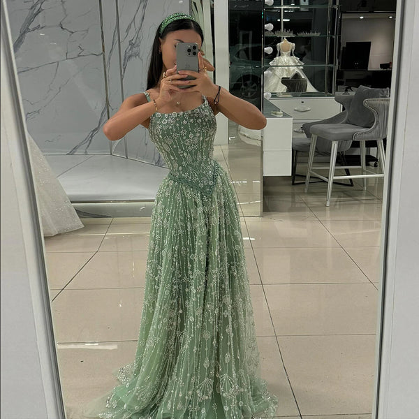 Elegant Sage Green Luxury Arabic Evening Dress