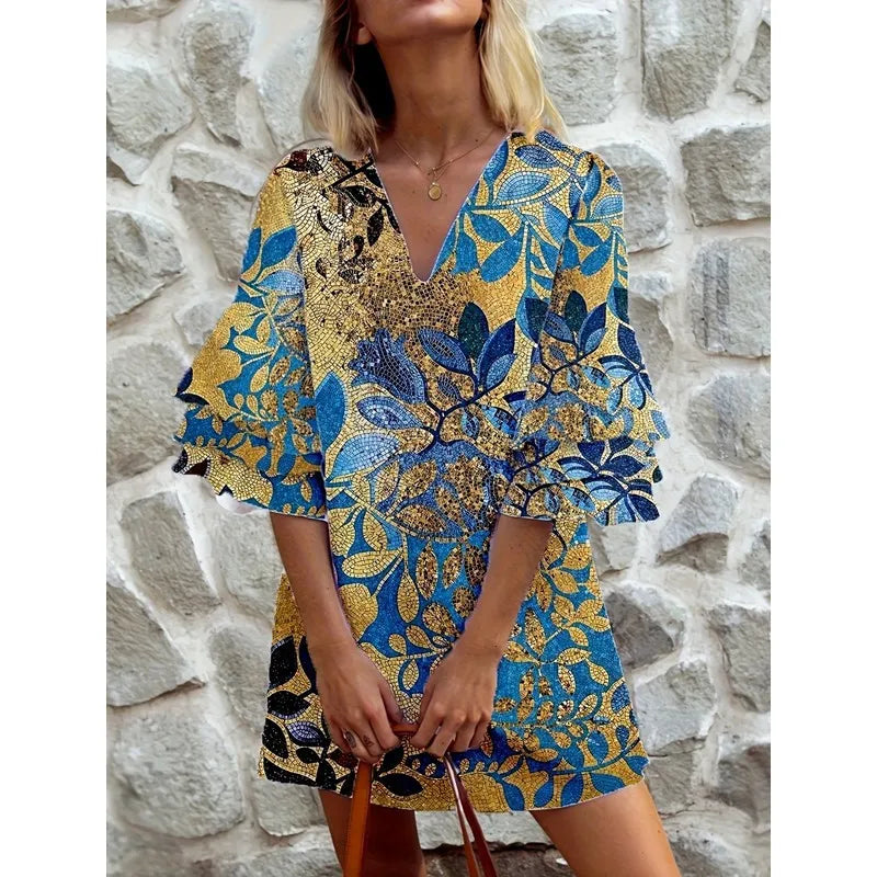 V-neck Casual Striped Printed Lotus Leaf Sleeve Loose Dress