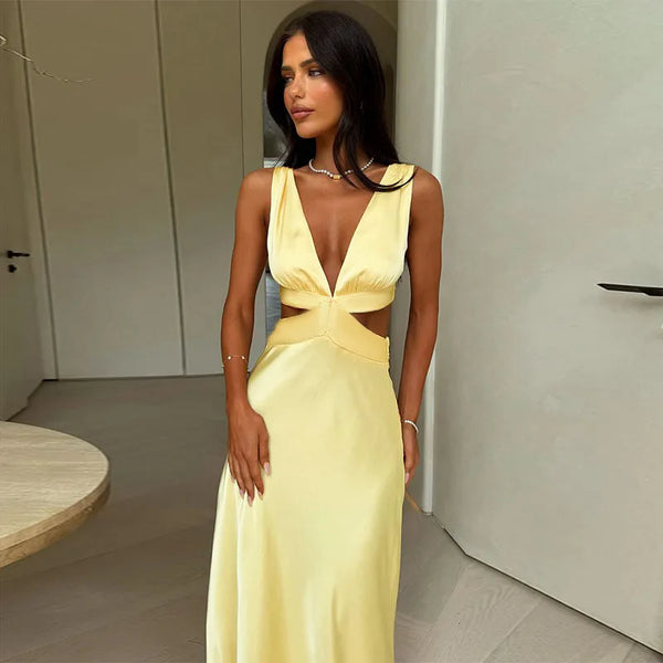 Deep V neck Hollow Sleeveless High Waist Dress