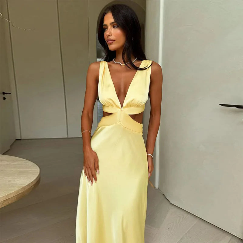Deep V neck Hollow Sleeveless High Waist Dress