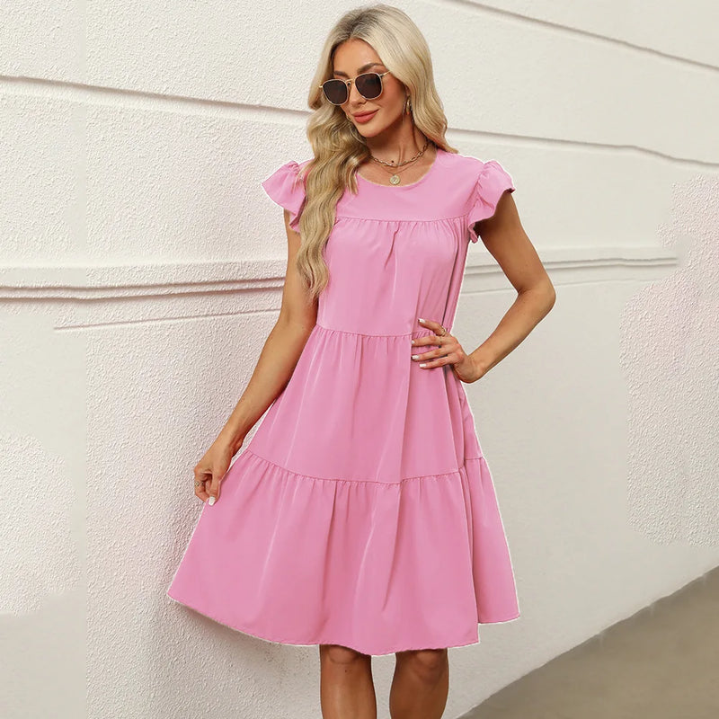 Casual Loose Ruffles O-neck Pure Short Sleeve Dress