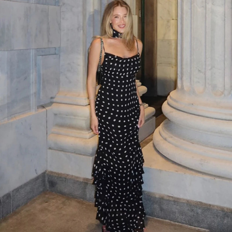 Polka Dot Long Scarf Ribbon Ruffle Halter Pleated Dress