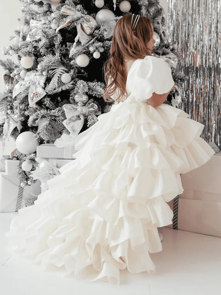 Flower Beige Tiered With Bow And Tailing Short Sleeve Dress