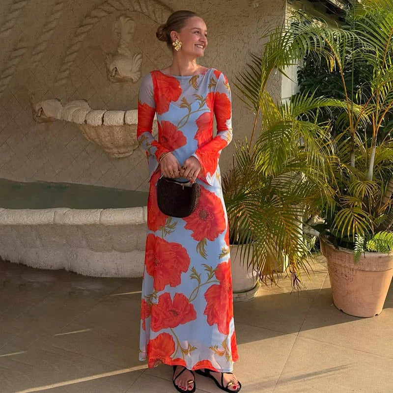 Elegant O Neck Fashion Long Sleeve Slim Patchwork Long Dress