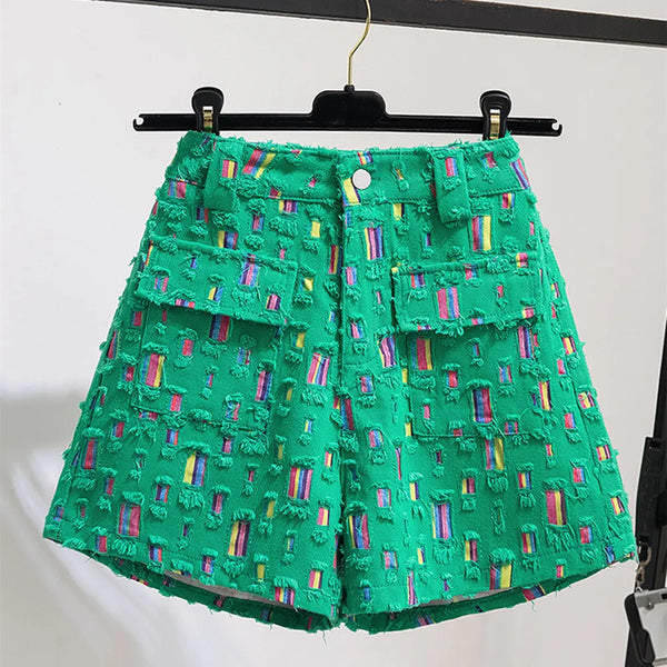 Denim High Waist Worn Loose Burr Hole Shorts