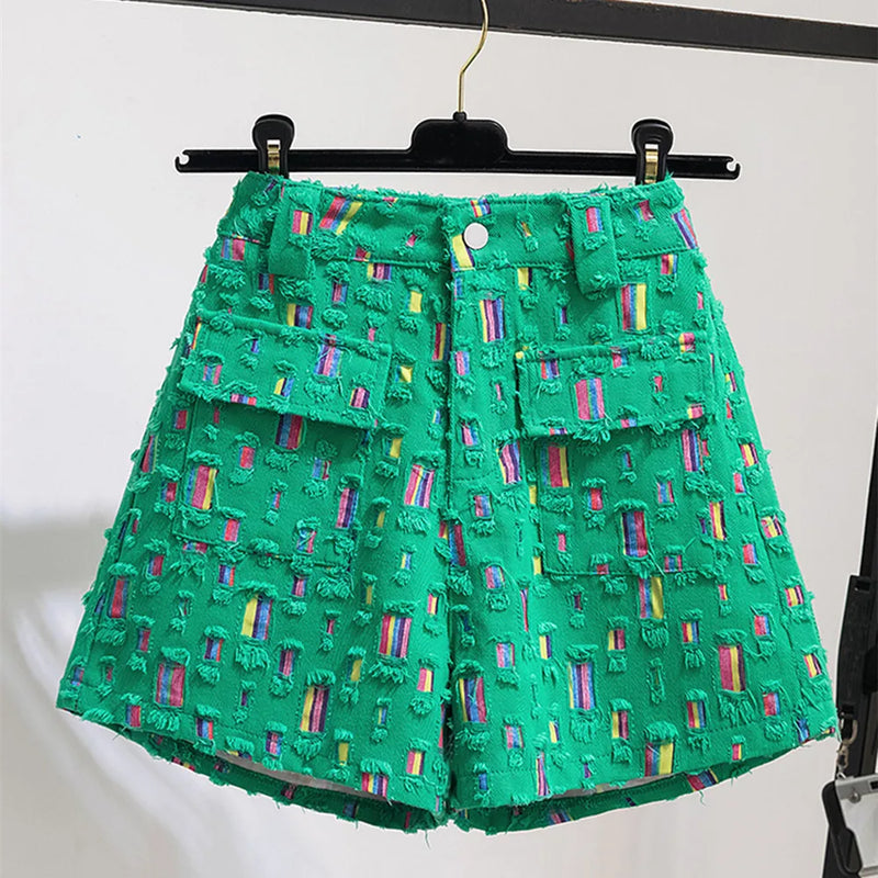 Denim High Waist Worn Loose Burr Hole Shorts