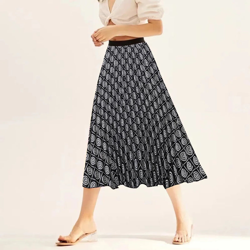Printed elastic mid length A-line pressed pleated skirt